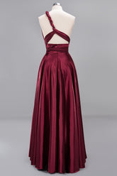 Chic Burgundy Satin Long Bridesmaid Dresses With One Shoulder-27dress